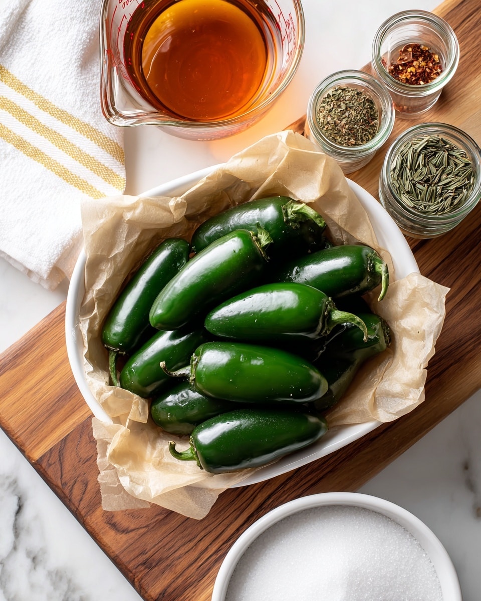 A white rectangular bowl lined with crumpled light brown parchment paper holds eight fresh dark green jalapeño peppers arranged in a clustered pile, their shiny skins smooth and firm. Below and to the right of the bowl is a white bowl full of white granulated sugar. To the left of the sugar bowl, a clear glass measuring cup with amber liquid sits on a wooden board with a rich grain. Above the measuring cup, two small clear glass jars are placed with one containing green dried bay leaves and the other filled with a reddish seasoning mix. In the upper left corner, a folded white towel with thin yellow stripes peeks into the frame. The entire setup rests on a white marbled surface. Photo taken with an iphone --ar 4:5 --v 7