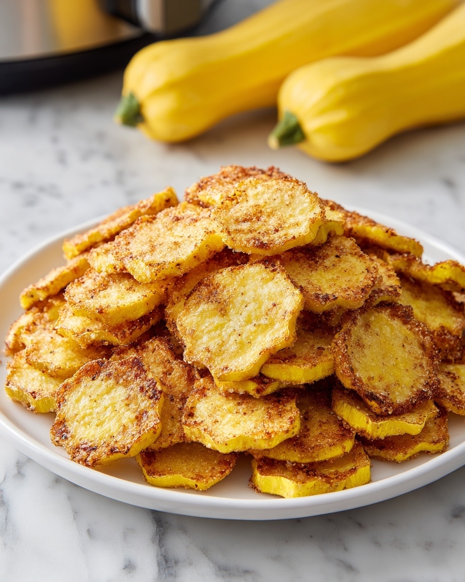 A white plate holds a pile of thin round yellow chip slices with a coarse, crumbly texture, showing a lightly browned and crispy surface with some darker toasted spots on the edges and centers. Each chip appears evenly coated, with a crunchy, golden appearance. The plate rests on a white marbled surface, and in the background there is a hint of yellow squash but blurred. photo taken with an iphone --ar 4:5 --v 7