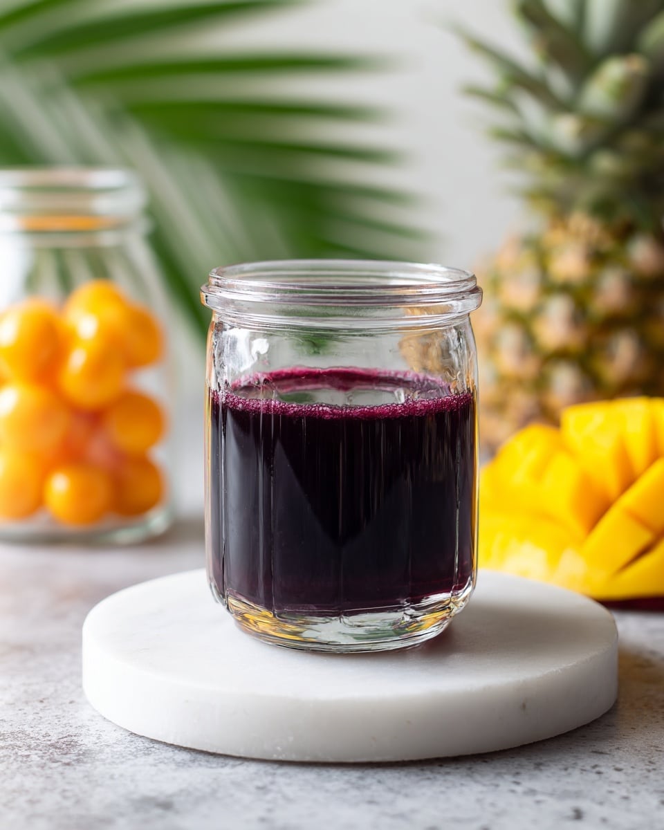 A small clear glass jar filled about halfway with thick dark purple liquid sits centered on a round white marble surface. To the left, there is a partially visible bright yellow mango slice and a small glass jar with bright orange spheres. On the right side, a whole pineapple with green leaves is slightly out of focus in the background. The background is clean white, and the surface beneath the marble is gray, softly blurred. The overall look is bright, fresh, and colorful, with sharp focus on the dark purple liquid jar. Photo taken with an iphone --ar 4:5 --v 7