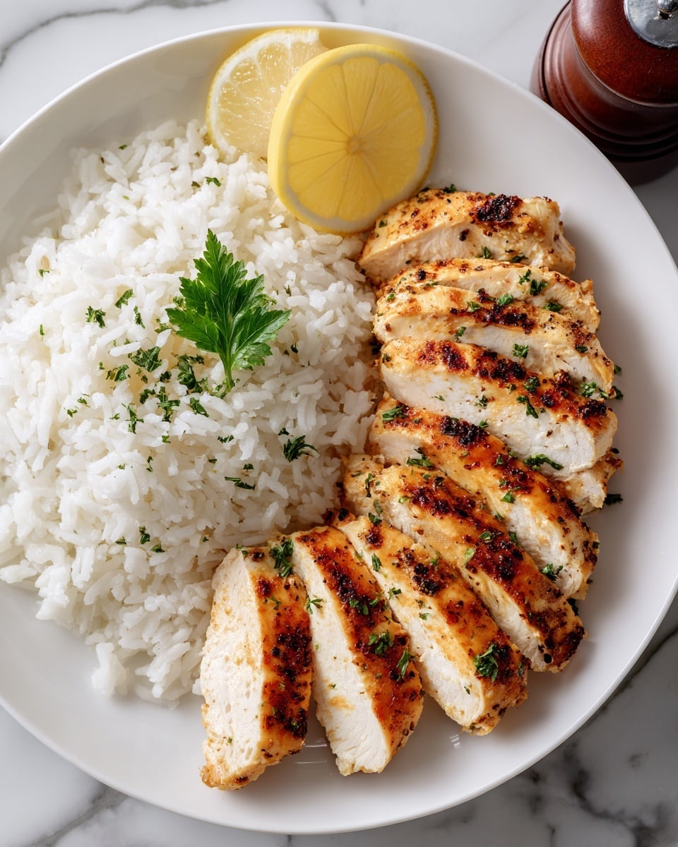 A white plate holds a meal with two main parts: on the left, there is a portion of fluffy white rice with some grains separated and a small green parsley sprig on top; on the right, there are six slices of grilled chicken arranged in a fan shape from bottom to top, showing a light brown, slightly charred texture with some green herb sprinkles; above the chicken slices is a half lemon wedge placed with the cut side slightly opened and juicy; the plate sits on a white marbled surface with a pepper grinder partly visible at the top edge photo taken with an iphone --ar 4:5 --v 7