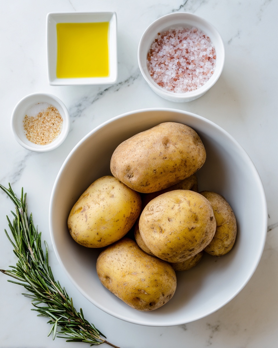 A white bowl filled with six large, rough-textured russet potatoes sits on a white marbled surface to the right. Above the bowl, a small white bowl holds pink and white coarse salt side by side. To the left, a square white bowl contains golden olive oil, and below it, a small round white bowl holds light brown and pinkish salt or seasoning. At the bottom left, two green sprigs of rosemary rest on the white marbled surface. photo taken with an iphone --ar 4:5 --v 7
