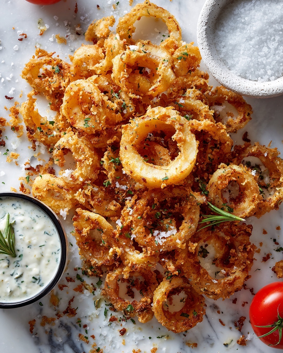 A pile of golden brown curly fries with a mix of light and darker crisp rings is spread across a white marbled surface, sprinkled with small green herb bits. On the top right side, there is a white rough-textured bowl filled with large white salt flakes. Near the bottom left corner, there is a black-rimmed white bowl filled with a creamy white dipping sauce garnished with green herbs and a small sprig of rosemary. A cherry tomato is partially visible on the right edge. photo taken with an iphone --ar 4:5 --v 7