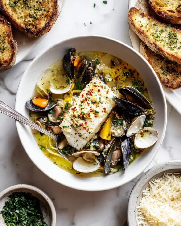 Braised Halibut with Leeks, Mushrooms, Clams & Mussels Recipe
