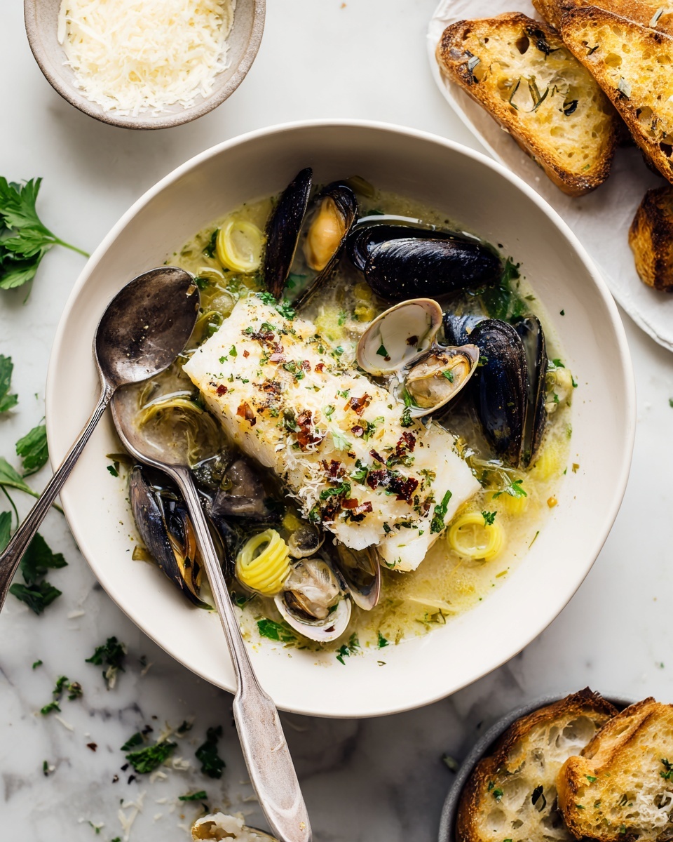 A white bowl sits on a white marbled surface, filled with a light broth that holds several layers: large pieces of white fish fillet on top, sprinkled with what looks like grated cheese and red pepper flakes, surrounded by open black mussel shells and white clam shells with the meat visible inside. Beneath the fish, there are thin yellow rings of cooked leek and brown, sliced mushrooms scattered throughout. A silver spoon rests inside the bowl on the left side, with a silver fork partly submerged on the right, holding a clam. Around the bowl, there are slices of toasted bread, golden with herbs, and a small white bowl filled with grated cheese in the background. Fresh green parsley leaves are scattered on the surface and in another white bowl nearby. photo taken with an iphone --ar 4:5 --v 7