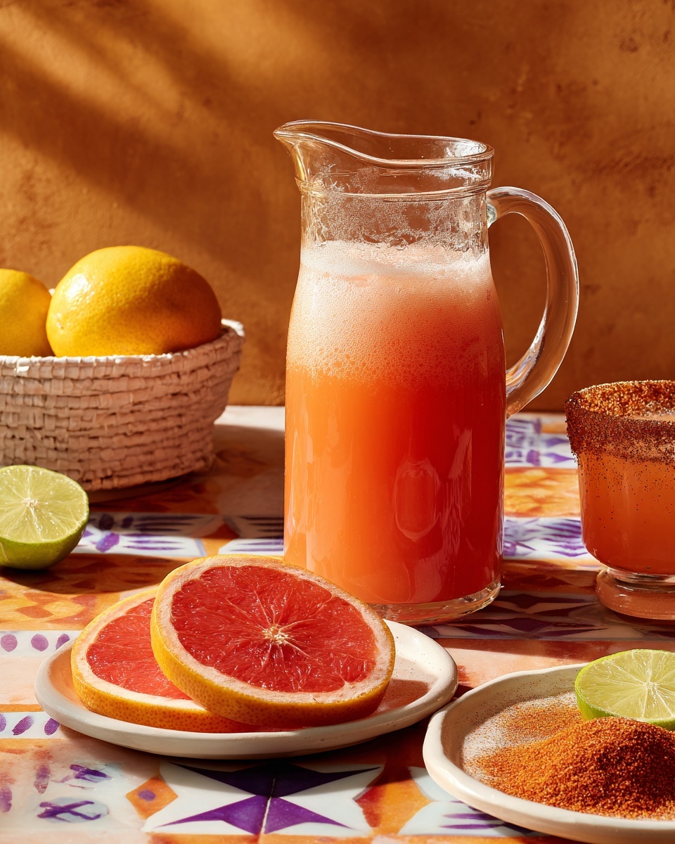 A tall clear glass pitcher is filled with a frothy pink-orange juice, showing a gradient from a deeper orange at the bottom to a lighter froth at the top. The pitcher sits on a white marbled table with a geometric orange, purple, and white pattern. Around the pitcher are several slices of bright red grapefruit with white rinds, one in the foreground and others near a white basket holding a whole yellow grapefruit and a lime wedge. To the right, there is a short clear glass with a rim coated in a reddish spice mix, and in the front right corner, a white plate holds more of the same spice mixture with a lime wedge on its edge. The background is a warm, textured orange color. Photo taken with an iphone --ar 4:5 --v 7