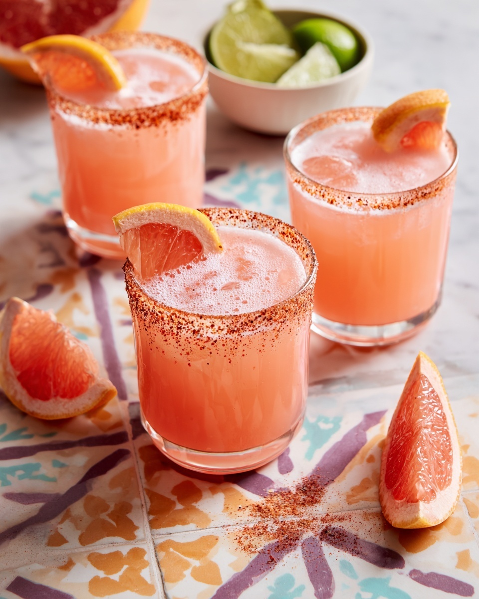 Three clear textured glasses hold pink grapefruit drinks with frothy tops. Each glass is rimmed with a coarse mix of red spices and garnished with a wedge of bright orange grapefruit on the edge. The glasses stand on a white marbled surface covered partially by a bright geometric tile pattern in orange, white, and light purple tones. Nearby are a few grapefruit wedges and specks of the same red spice scattered around. One grapefruit and a lime wedge rest in a white bowl in the background. Photo taken with an iphone --ar 4:5 --v 7