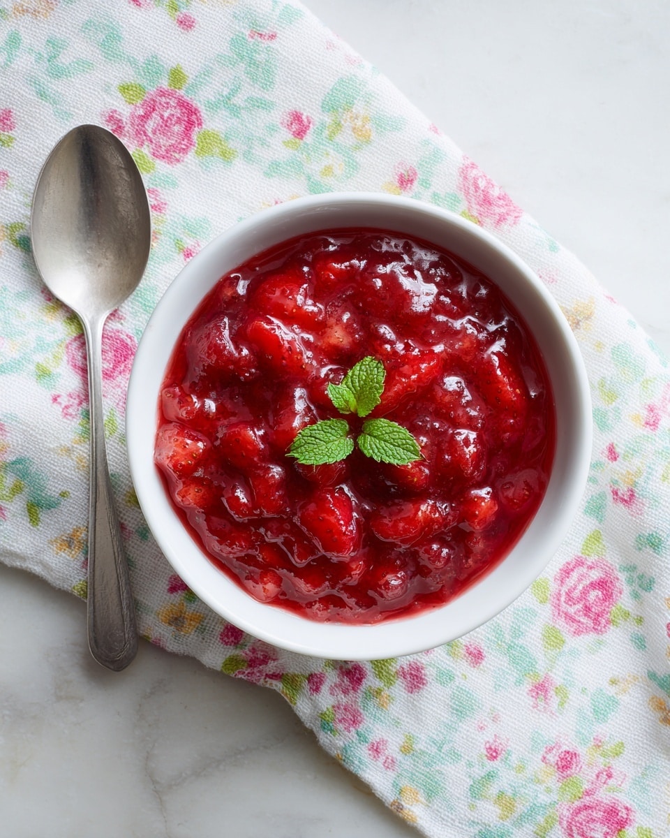A white bowl filled with a chunky red strawberry sauce made of small pieces of strawberries mixed with a slightly thick, glossy red liquid. The sauce’s texture looks soft and juicy with visible bits of fruit throughout. On top of the sauce, there are three small fresh green mint leaves placed together as decoration. The bowl sits on a light floral cloth with pastel colors and small rose patterns, placed on a white marbled surface. Next to the bowl is a silver spoon with a simple handle, angled facing upwards. photo taken with an iphone --ar 4:5 --v 7