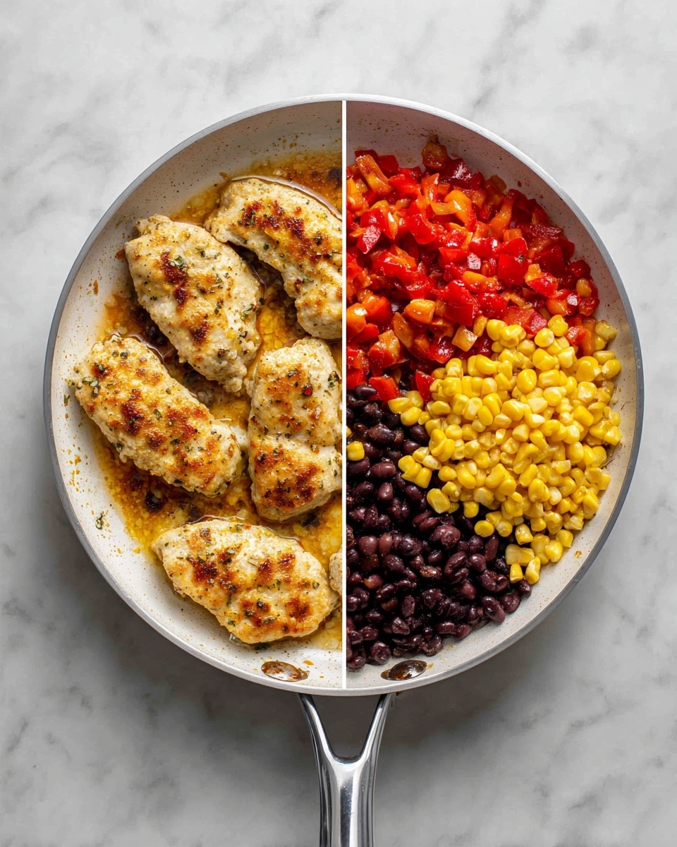 The image shows two views of a white pan on a white marbled surface. The left side has four cooked, light golden pieces of chicken arranged close together in the pan, with some browned spots and a bit of oil around them. The right side shows the pan filled with several colorful layers in separate sections: bright red diced peppers at the top right, deep black beans next to them on the left, a pile of yellow corn kernels in the center, and some red diced tomatoes at the bottom right, all sitting on a thin layer of orange oil. The pan handle extends upward in both images. photo taken with an iphone --ar 4:5 --v 7