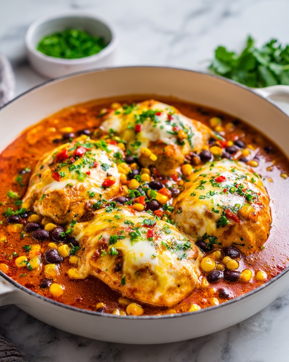 The dish shows a white pan filled with four smooth white chicken pieces covered with melted yellow and white cheese. On top of the chicken and cheese, there are scattered black beans, yellow corn kernels, and small red pepper pieces. The chicken sits in a thick reddish-orange sauce that fills the pan around the edges. Green chopped herbs and tiny green onion slices are sprinkled on the whole dish, adding fresh color. In the background, there is a small bowl with chopped green herbs on a white marbled surface. Photo taken with an iphone --ar 4:5 --v 7