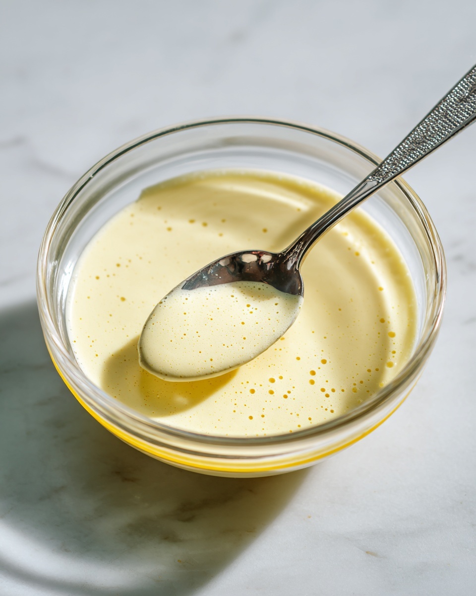 A clear glass bowl with two thin yellow rings near the rim holds a smooth, pale yellow liquid batter filled with tiny bubbles, resting on a white marbled surface. A silver spoon with a patterned handle is partially dipped into the batter, angled slightly upwards, showing a reflective metallic texture. The lighting highlights the batter's creamy consistency and the glass bowl's transparency, creating soft shadows around it. photo taken with an iphone --ar 4:5 --v 7