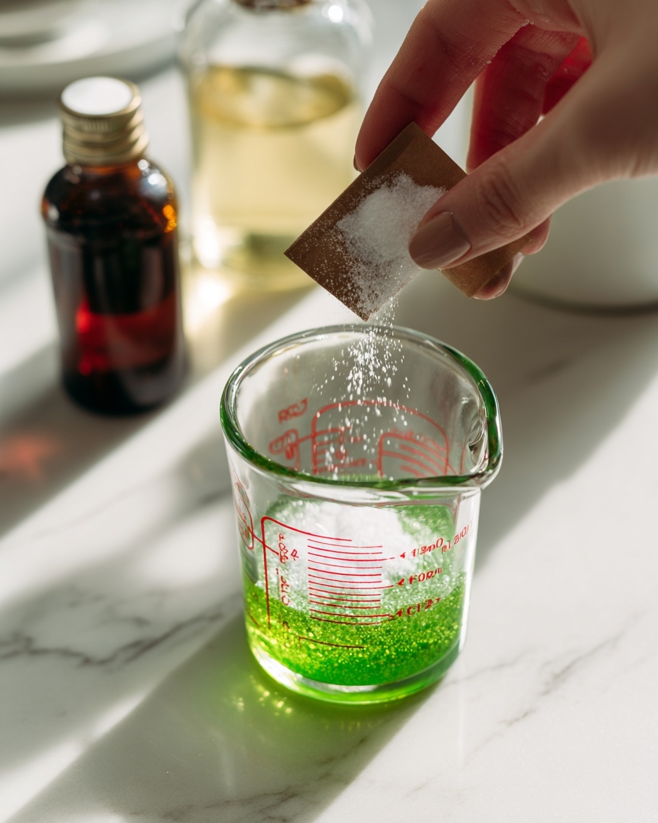 A clear glass measuring cup with red markings holds a bright green liquid filling about one-third of the cup. A woman's hand is seen from above, squeezing a small brown packet that pours a fine white powder into the green liquid, causing small bubbles to appear on the surface. Two glass bottles, one with a dark liquid and the other with a light liquid, stand blurred in the background on a white marbled surface. The scene is bright and clean with natural light coming from the left side. photo taken with an iphone --ar 4:5 --v 7