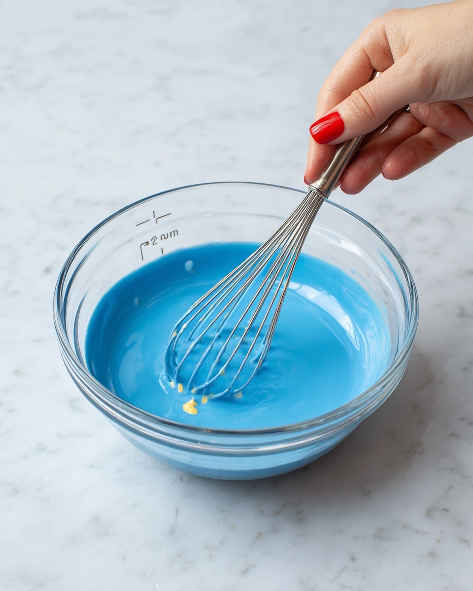 A clear glass bowl filled with a smooth, bright blue liquid is shown from above on a white marbled surface. A woman's hand with red nail polish holds a small metal whisk, gently mixing the blue mixture inside the bowl. The bowl has some measurement marks on the side, and the liquid appears thick and even in texture, with a few tiny yellow spots scattered within. The scene is well lit, highlighting the vibrant color of the mix and the shine of the metal whisk. photo taken with an iphone --ar 4:5 --v 7