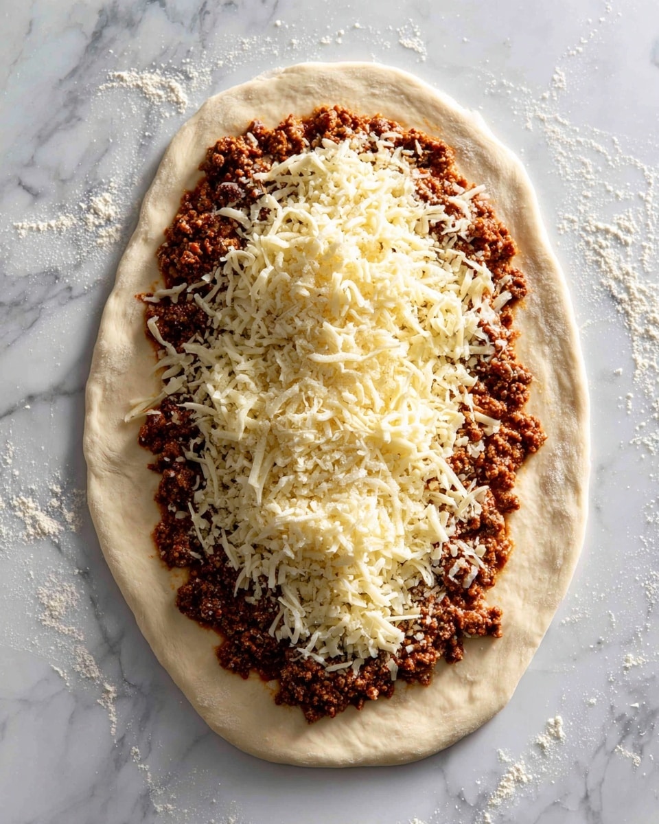 A large oval piece of dough lays flat on a white marbled surface, with a thick layer of cooked ground meat spread evenly in the center. Shredded pale yellow cheese is scattered generously over the meat, followed by a fine topping of grated white cheese concentrated in the middle. The dough around the edges is plain, showing its light beige, slightly floured texture. The overall look is of an open, uncooked filling ready to be rolled or folded photo taken with an iphone --ar 4:5 --v 7