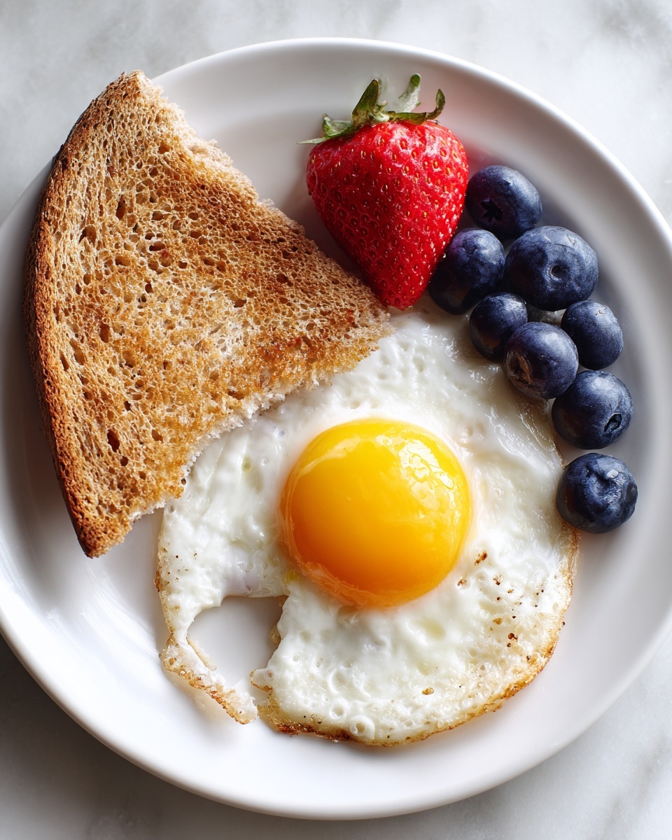 The image shows a blue plate with a white rim placed on a white marbled surface. On the plate, there is one fried egg with a slightly runny, bright yellow yolk broken open in the center, and the white part is cooked with some brown specks. Next to the egg are two triangular slices of toasted whole grain bread with a textured surface. In the corner of the plate, there is a single large strawberry and three small blueberries arranged close together. Photo taken with an iphone --ar 4:5 --v 7