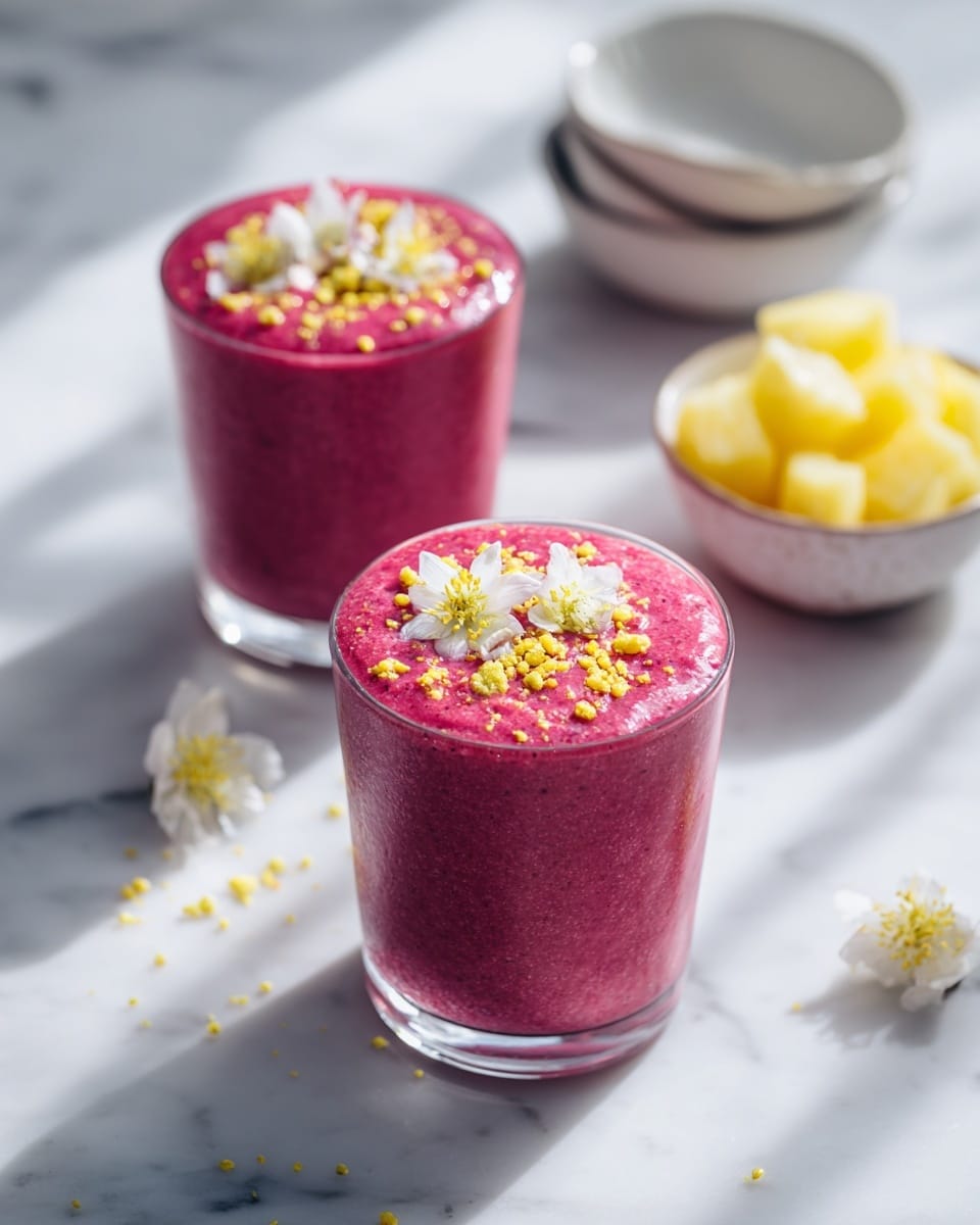 Two clear glass cups filled with a thick, smooth bright pink smoothie, each topped with small yellow bee pollen granules and white flower petals scattered lightly on top. The glasses sit on a white marbled surface with soft shadows around them, and in the background, there are small white bowls stacked, with one containing light yellow pineapple chunks. A few small white and yellow flowers are scattered on the surface near the glasses. The bright sunlight adds a fresh and natural feel to the scene. photo taken with an iphone --ar 4:5 --v 7