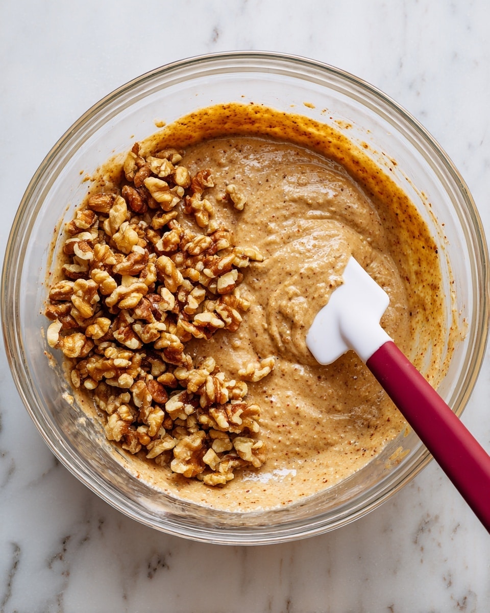 A clear glass bowl holds a thick, light brown batter with small bits throughout, likely from mashed fruit or spices. On one side of the batter is a pile of chopped walnuts in golden brown shades, contrasting with the smooth texture of the batter. A white spatula with a dark red handle is resting on the right side in the batter, partially covered in it. The bowl is placed on a white marbled surface. photo taken with an iphone --ar 4:5 --v 7