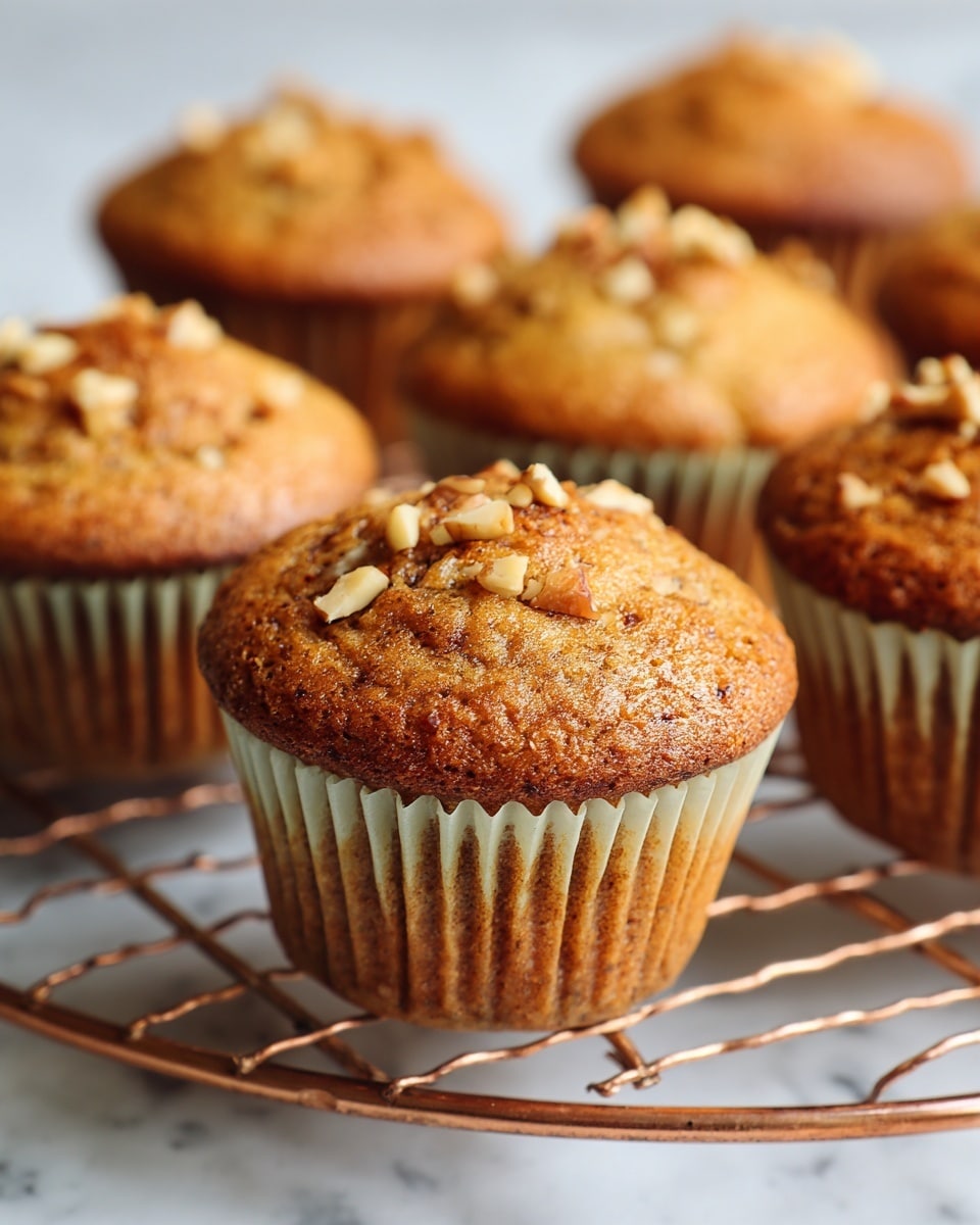 The image shows a group of golden-brown muffins with a slightly rough texture on top, each sprinkled with small chopped nuts. They are arranged closely together on a round copper cooling rack, which has thin, crisscrossing wires. The muffins sit inside light green paper liners. The background is a white marbled surface, and the focus is on the front muffin with the others softly blurred behind it. photo taken with an iphone --ar 4:5 --v 7
