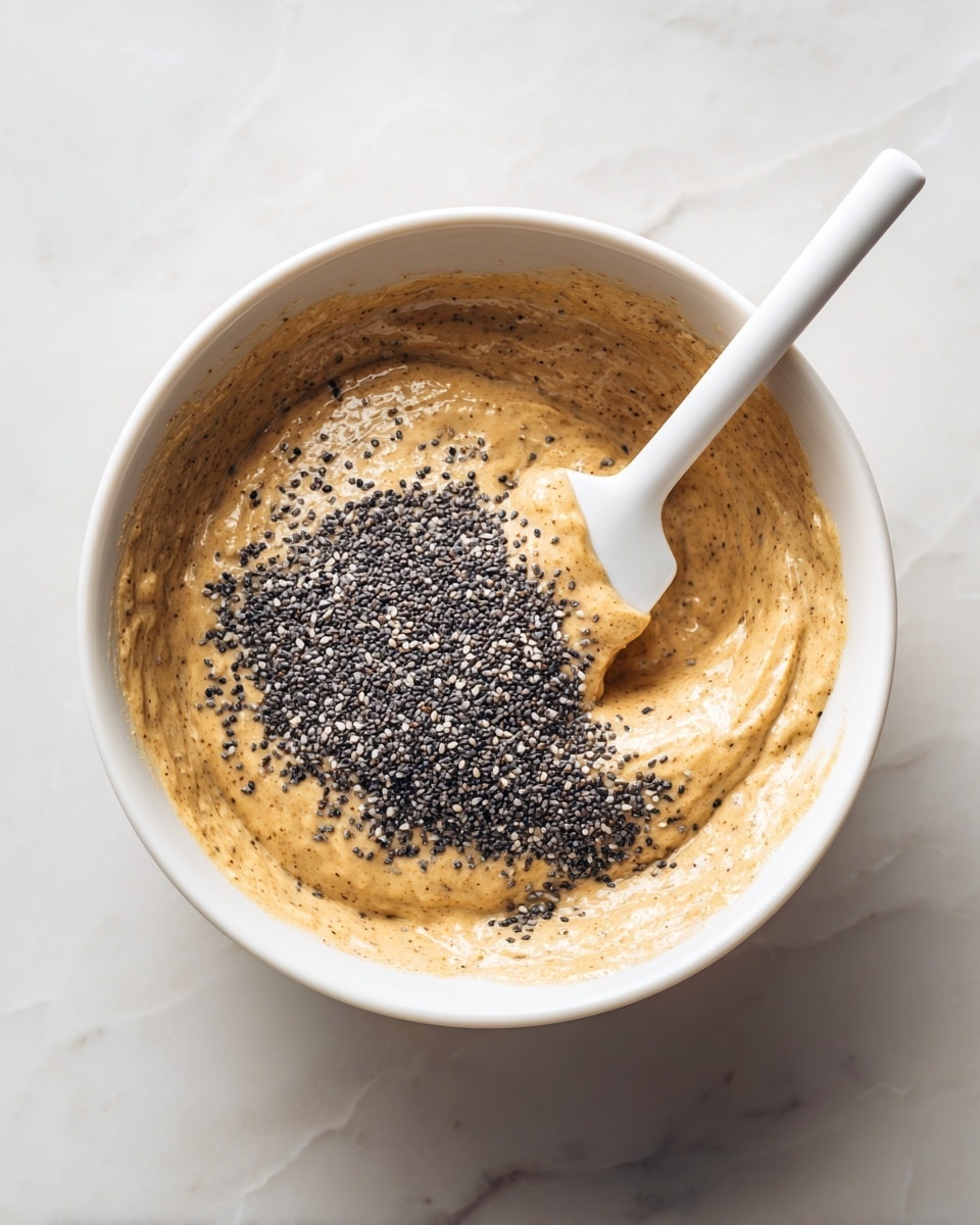A close-up image of a thick, light brown batter with a slightly rough texture, filling most of a white bowl. On the batter's surface, there is a pile of small black and gray poppy seeds, mainly on the lower center-right. A white spatula rests partly in the batter on the right side of the bowl, with the spatula edge touching the poppy seeds. The background shows a white marbled texture surface. photo taken with an iphone --ar 4:5 --v 7