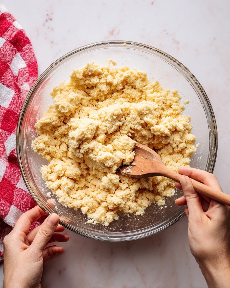 A woman's hand is stirring a pale yellow crumbly dough mixture in a clear round glass bowl using a small wooden spatula. The dough has a rough texture with small lumps and a few darker bits scattered throughout. The bowl is placed on a white marbled surface, with a red and white checkered cloth to the upper right side. The scene is bright and simple, focusing on the texture and action of mixing. photo taken with an iphone --ar 4:5 --v 7