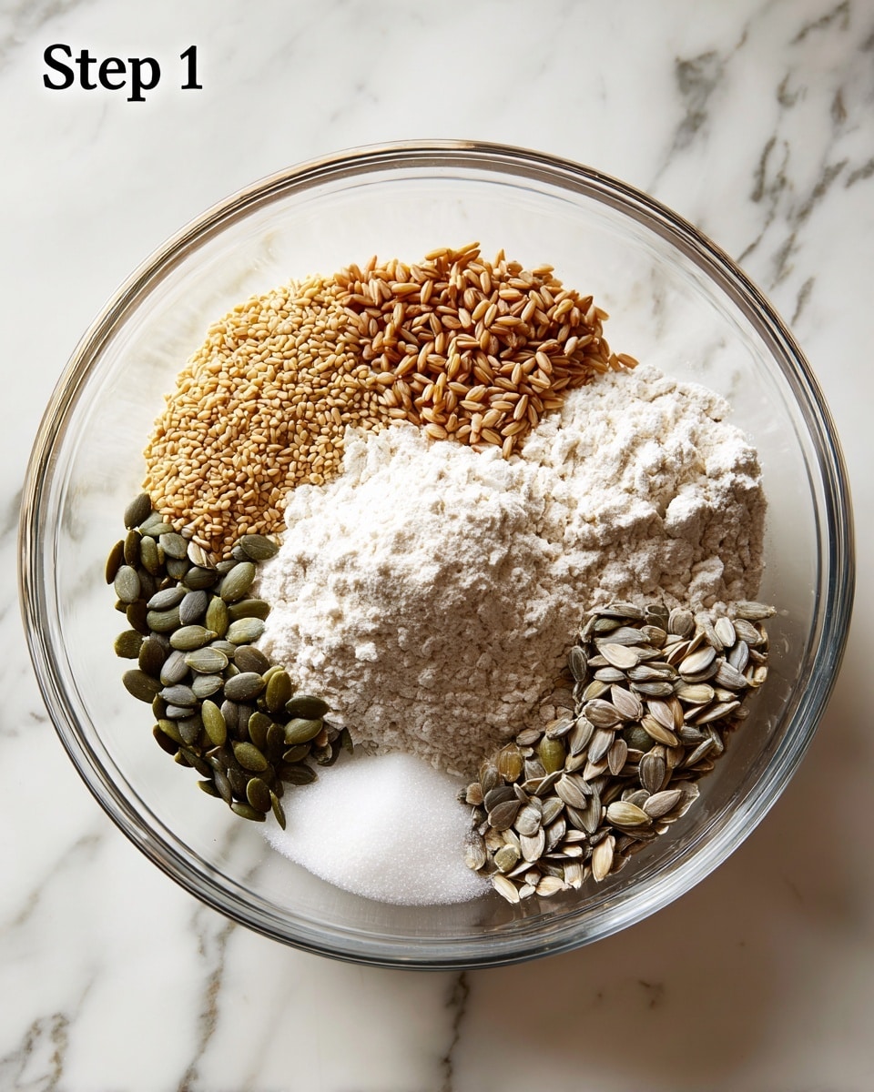 A clear glass bowl holds seven distinct layers of dry ingredients arranged in sections without mixing. At the top right, there are medium brown toasted wheat kernels. To the left, pale beige sesame seeds form a dense patch. In the middle, a mound of bright white flour with a soft, powdery texture stands out prominently. Below the flour, a small pile of white granulated sugar is visible. On the bottom left, there's a cluster of dark green pumpkin seeds, smooth and shiny. To the right of the pumpkin seeds, an uneven pile of light brown sunflower seeds with rough textures takes up space. The bowl sits on a white marbled surface, and in the top left corner, red text reads
