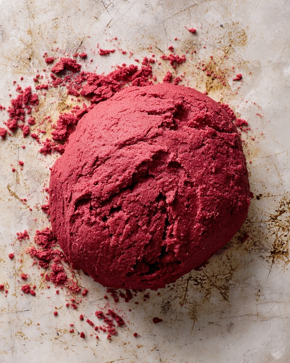 A close-up view of a large, round, and rough-textured mound of deep red dough or paste sitting on a scratched metal surface with scattered crumbs and small bits around it. The dough appears thick and dense with uneven edges and tiny specks of lighter color mixed throughout, giving it a slightly grainy look. The photo is taken from above, showcasing the raw, unshaped dough and some crumbly residue on the metal surface, all on a white marbled textured background photo taken with an iphone --ar 4:5 --v 7