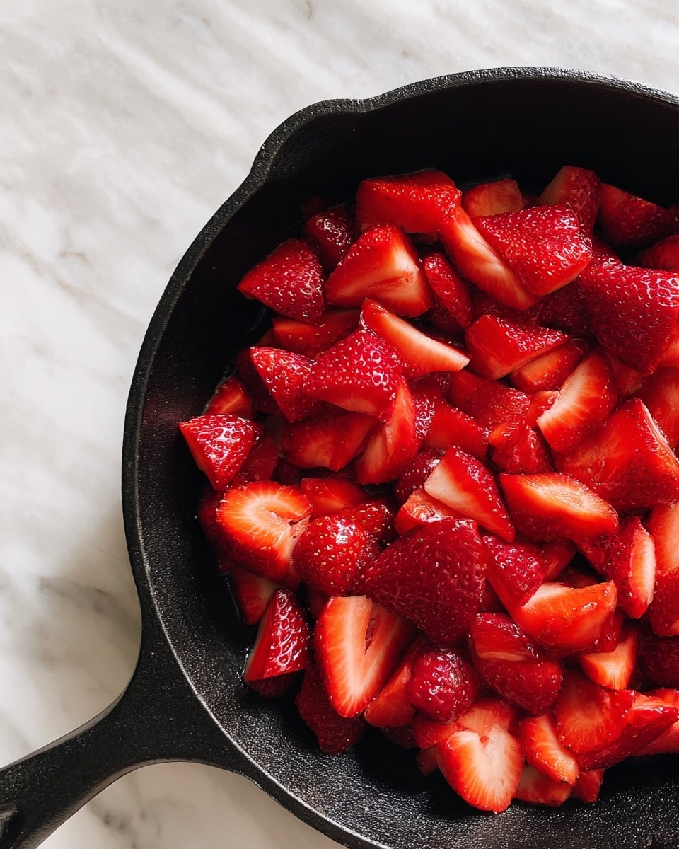 The image shows a black cast iron pan filled with bright red sliced strawberries. The strawberries are cut into medium-sized pieces, with their red color and texture clearly visible, some pieces showing white flesh inside. The pan is placed on a white marbled surface, enhancing the vivid color of the strawberries. Photo taken with an iphone --ar 4:5 --v 7