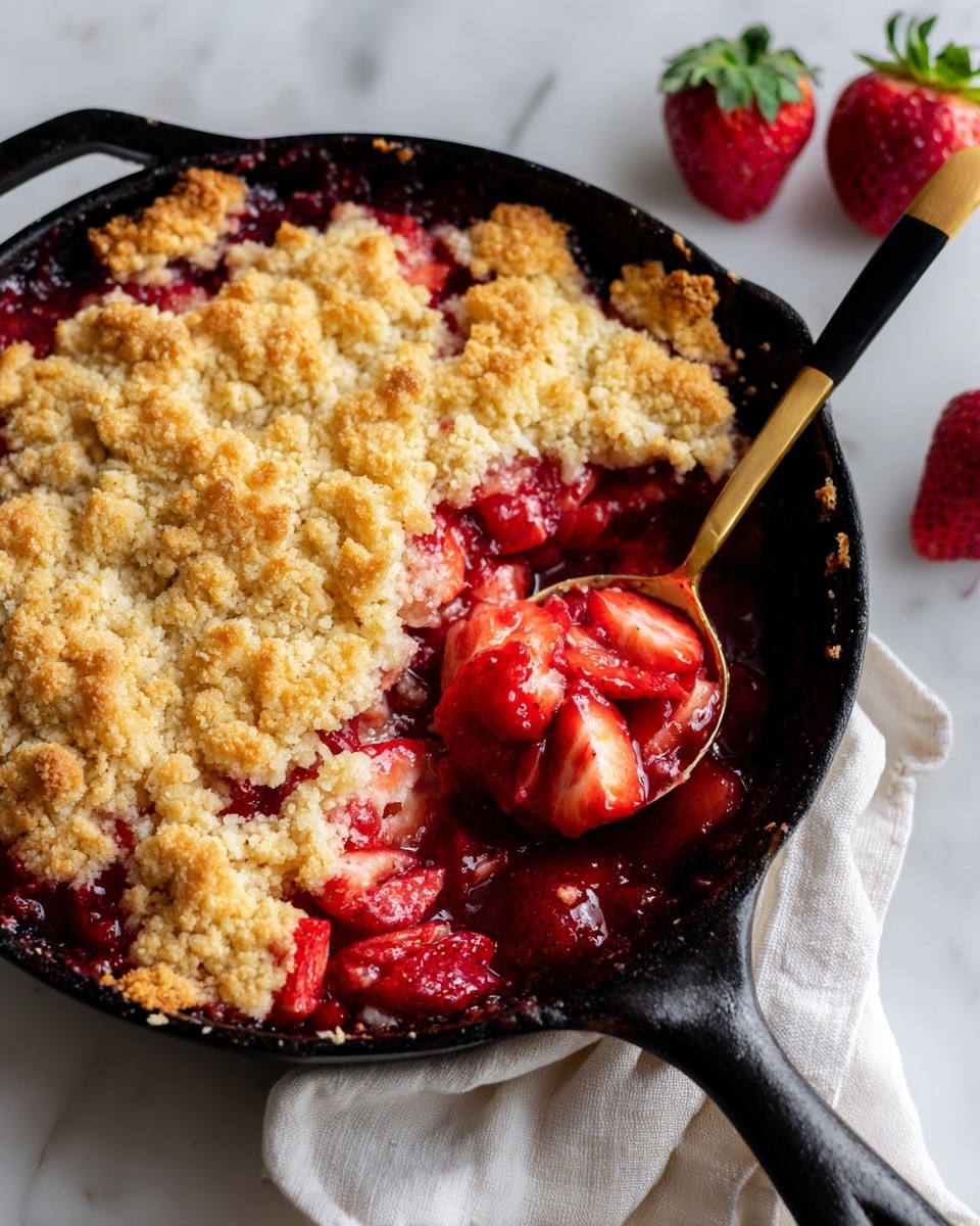 A baked strawberry cobbler in a black cast iron skillet shows a golden brown crust layer on top, with some parts lifted to reveal bright red strawberry pieces and juicy syrup underneath. The crust is crumbly and textured with uneven edges, and the strawberries look fresh and slightly cooked. A black spoon with a gold section holds a scoop of the cobbler on the right side, resting in the skillet. The skillet sits on a soft white cloth atop a white marbled surface, with some whole strawberries nearby. Photo taken with an iphone --ar 4:5 --v 7