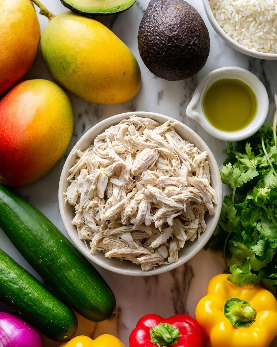 The image shows a white bowl full of shredded light brown chicken pieces placed in the center on a white marbled surface. Around the bowl, there are fresh whole ingredients including two large ripe mangoes with yellow and orange skin, two long green cucumbers, a red onion, a bunch of bright green cilantro, a whole dark purple avocado, a small white cup with light green olive oil, a bowl filled with white uncooked rice, and a red bell pepper. The items are arranged closely together, making a colorful and fresh display. Photo taken with an iphone --ar 4:5 --v 7