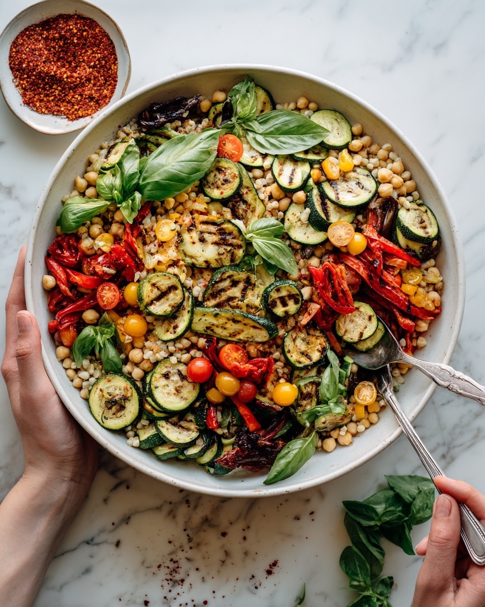 A large white bowl filled with a colorful salad made of several layers: the base is light beige grains, mixed with pale yellow corn kernels and beige chickpeas; on top are bright green celery slices, grilled dark green zucchini rounds with brown grill marks, red bell pepper strips, and halved cherry tomatoes in red and yellow colors; fresh bright green basil leaves are scattered throughout, adding a fresh look. Two silver spoons are scooping the salad, held by two woman's hands from opposite sides. A small white bowl with red spice powder sits nearby on a white marbled surface, with some of the spice spilled beside it. photo taken with an iphone --ar 4:5 --v 7