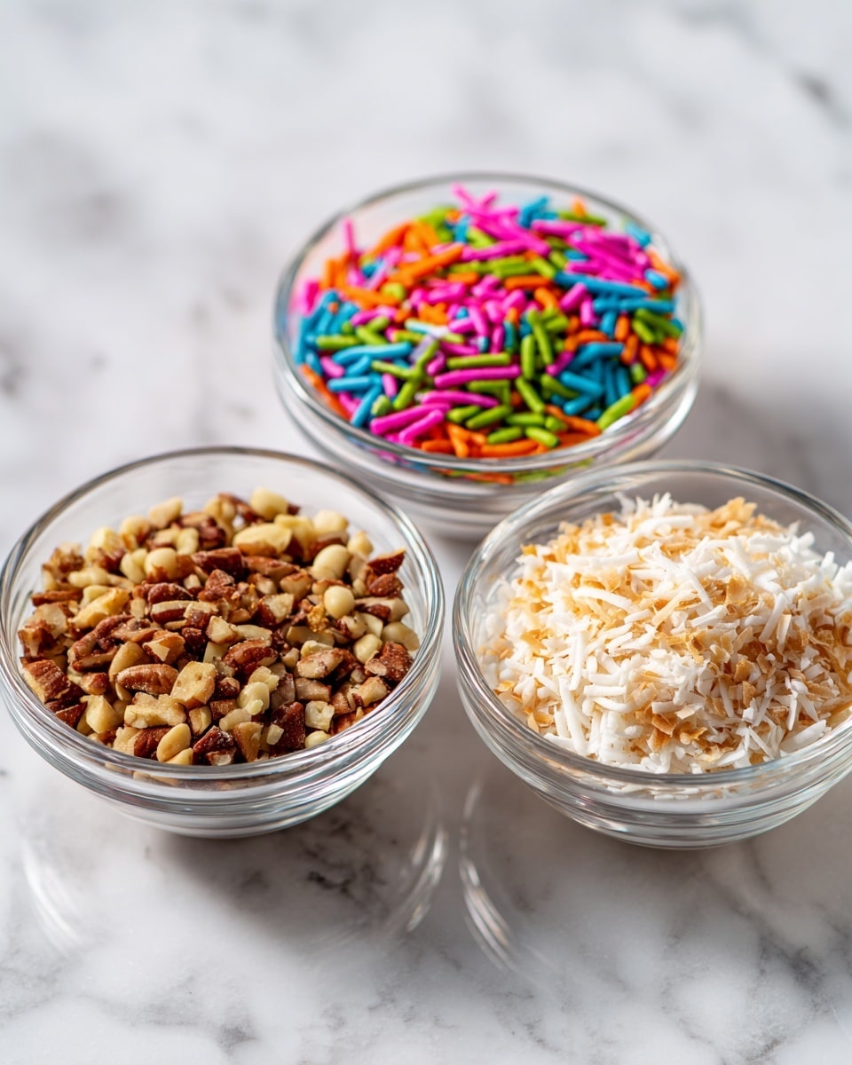 Three small clear glass bowls are placed side by side on a shiny white marbled surface. The left bowl holds small chopped brown nuts with varied textures, the middle bowl is filled with bright, colorful sprinkle rods including pink, green, purple, orange, blue, and white, and the right bowl contains shredded pale brown toasted coconut flakes. The bowls and their contents cast soft reflections on the surface below. Photo taken with an iphone --ar 4:5 --v 7