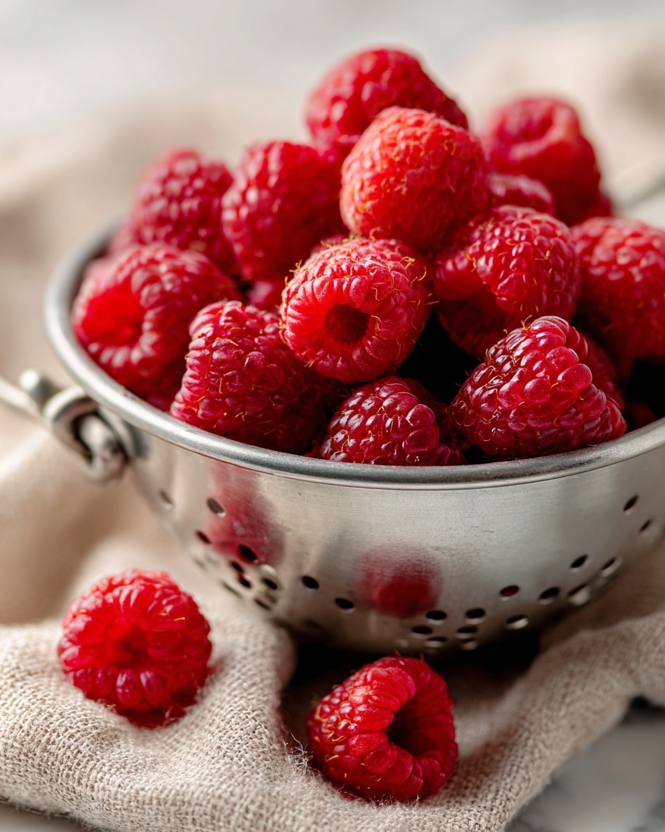 The image shows a close-up of fresh, red raspberries. Most raspberries fill a silver colander, with their rough texture and bright red color visible. A few raspberries are outside the colander, resting on a light brown textured cloth with a soft weave, placed on a white marbled surface. The focus is on the raspberries in the colander, while the background is blurred. The scene has natural soft light and gentle shadows, giving a fresh and natural feel to the image photo taken with an iphone --ar 4:5 --v 7