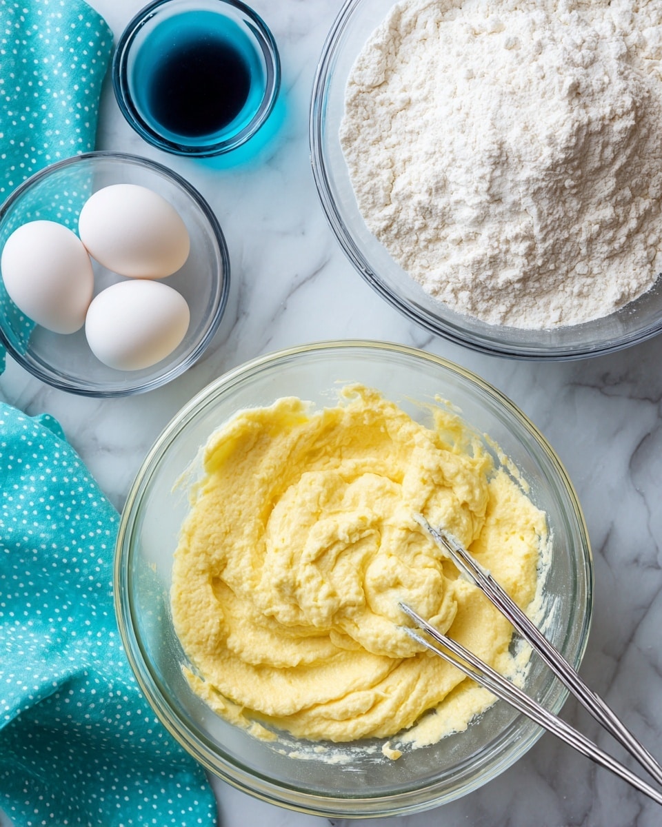 A clear glass bowl in the center holds a creamy yellow mixture with a soft, slightly fluffy texture, with two silver beaters partially dipped in it; above it to the right, a large clear glass bowl is filled with white flour, showing a slightly uneven surface; to the left of the flour bowl, a small clear glass bowl contains two whole white eggs; below the eggs, a small glass container with a dark liquid and blue base is visible; all items sit on a white marbled surface, with a turquoise cloth with white polka dots partially visible at the bottom left corner, photo taken with an iphone --ar 4:5 --v 7