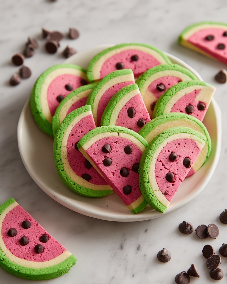 A white plate is filled with round cookies that look like watermelon slices. Each cookie has three colored layers: a bright green outer layer, a thin pale yellow middle layer, and a pink inner layer with dark brown chocolate chips scattered like watermelon seeds. The cookies are arranged so they overlap each other, and a few cookies lie nearby on a white marbled surface. Small chocolate chips are also scattered around the plate. photo taken with an iphone --ar 4:5 --v 7