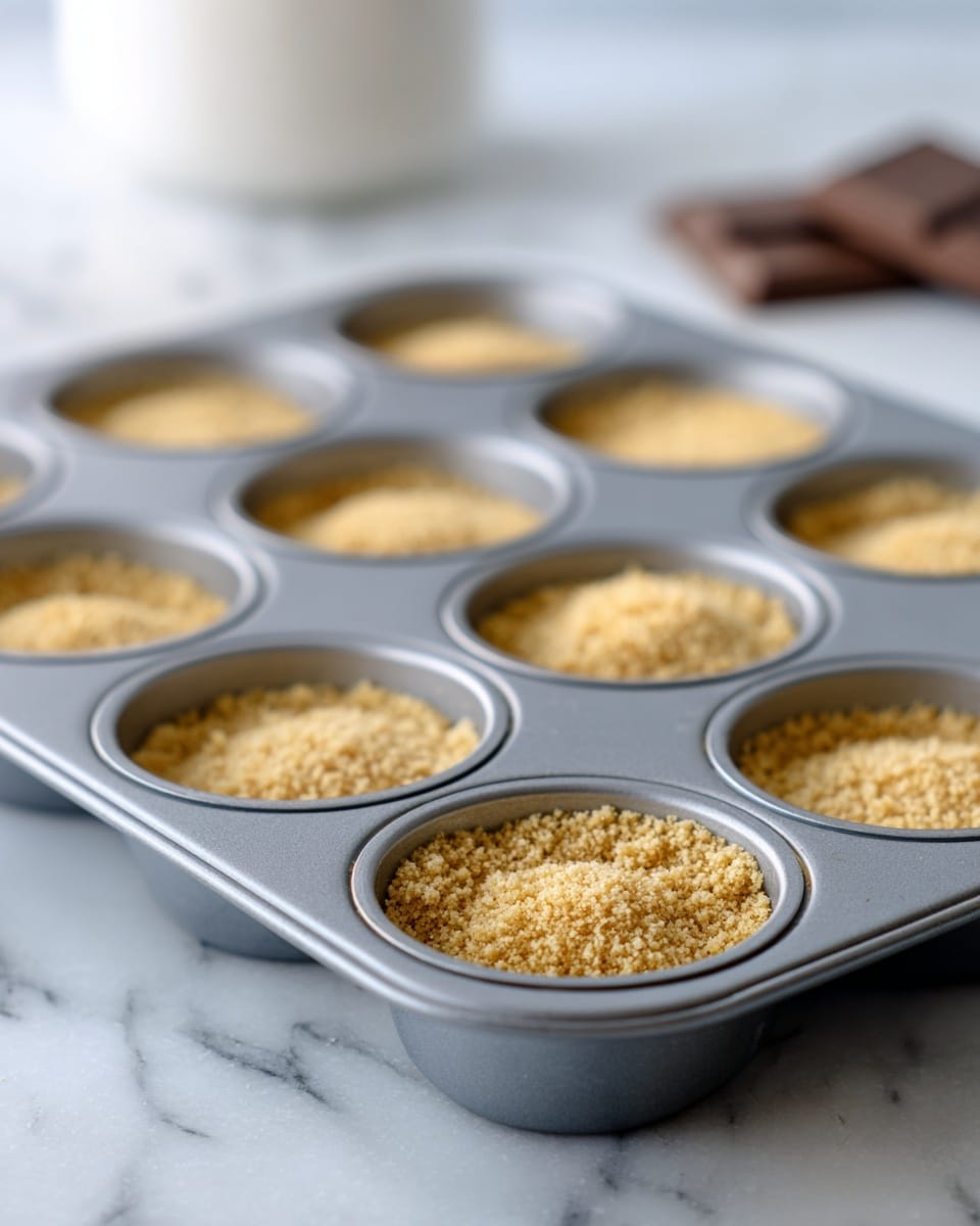The image shows a gray metal cupcake tray placed on a white marbled surface, with each cup filled with light golden crushed crumbs pressed flat to form the base layer. In the background, there is a blurred white object on the left and two Hershey chocolate bars lying flat behind the tray. The scene is well-lit with natural light, highlighting the texture of the crumb layer and the clean round indentations of the tray. Photo taken with an iphone --ar 4:5 --v 7