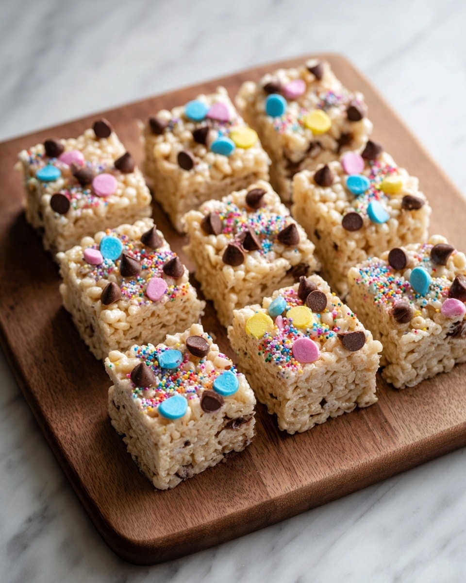 The image shows a wooden board with nine square rice crispy treats arranged neatly. Each square is light golden brown with a sticky texture made from puffed rice. On the top of every rice treat, there are small round chocolate chips scattered, along with colorful rainbow sprinkles in pink, blue, yellow, and green. The treats have a soft, slightly glossy look and are set against a white marbled background. photo taken with an iphone --ar 4:5 --v 7