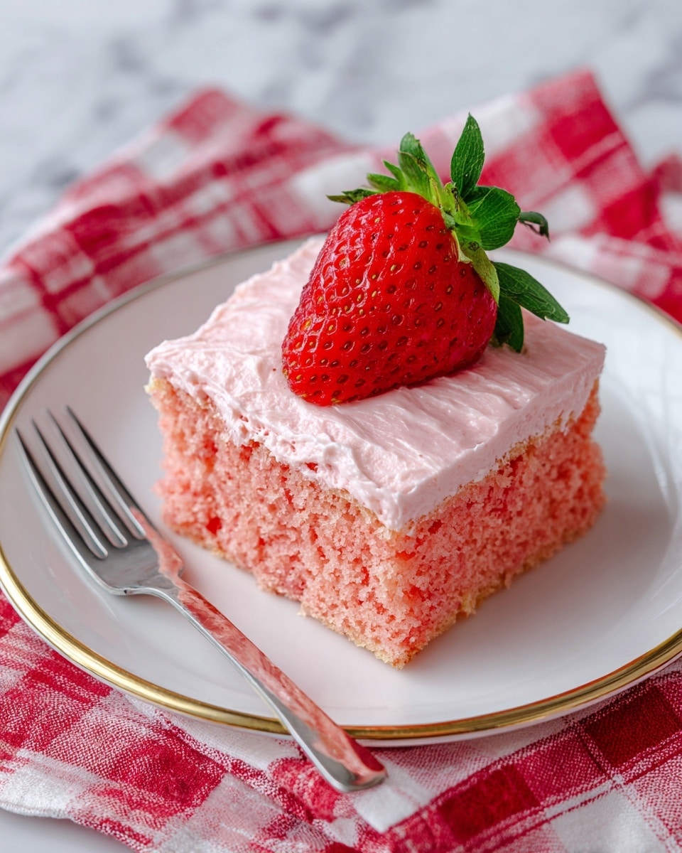 A square piece of pink cake with a soft texture sits on a white plate with a gold rim. The cake has two layers: a thick pink base layer with a moist crumb and a smooth, light pink frosting layer on top. A bright red strawberry with green leaves is placed in the center on the frosting. The plate is on a white marbled surface with a red and white checkered cloth beneath it. Photo taken with an iphone --ar 4:5 --v 7