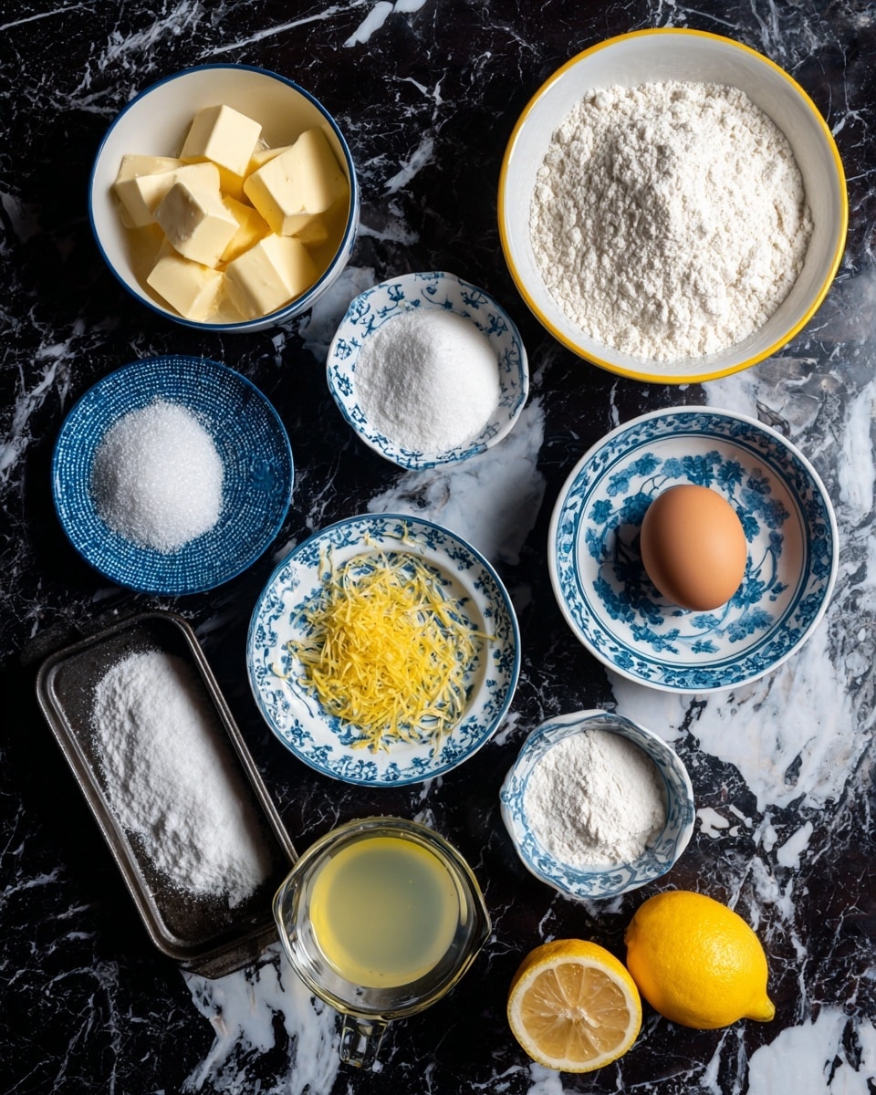 The image shows different baking ingredients arranged on a dark surface beside a black madeleine baking tray. There is a white bowl with a yellow rim filled with white flour at the top right, and next to it a white bowl with a blue rim filled with white sugar. Below those, a small white plate with blue patterns holds a brown egg and some yellow lemon zest. To the left, a small blue and white plate has two small piles of white powder, likely baking powder and salt. Next to it is a small glass bowl with yellow cubes of butter. Below, a silver measuring spoon contains a light yellow liquid, and below that is a half cut lemon showing its juicy yellow interior. The whole scene is set on a white marbled texture. The photo taken with an iphone --ar 4:5 --v 7