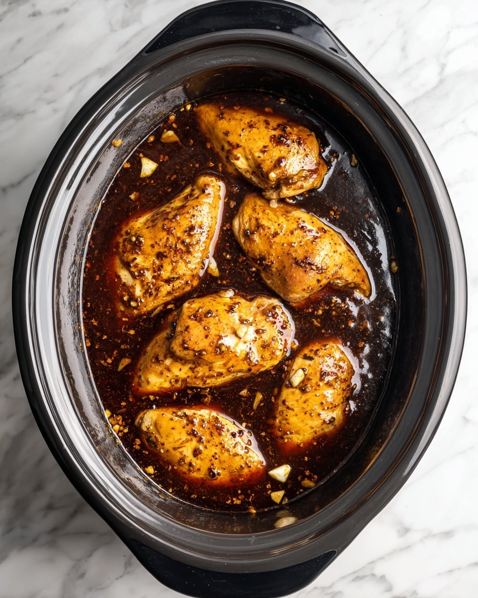 The image shows several pieces of cooked chicken in a gray slow cooker filled with dark brown sauce that has a shiny texture. The chicken pieces are light golden brown with some darker browned edges, evenly spread and partially submerged in the sauce. Small bits of garlic or ginger are visible in the sauce. The slow cooker has black handles on both sides and sits on a white marbled surface. photo taken with an iphone --ar 4:5 --v 7