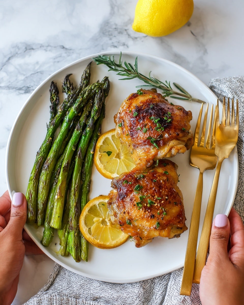 The image shows a white round plate on a white marbled surface, with two golden brown cooked chicken thighs placed side by side on the right side of the plate. The chicken thighs have crispy skin with small herbs sprinkled on top. Two lemon slices, one placed under the chicken and one beside it, add a bright yellow color to the scene. On the left side of the plate, there is a group of green grilled asparagus spears with char marks, arranged neatly. To the left of the plate, a woman's hand is holding a gold fork and knife positioned next to each other. In the background on the marble surface, there is a whole yellow lemon. The photo taken with an iphone --ar 4:5 --v 7