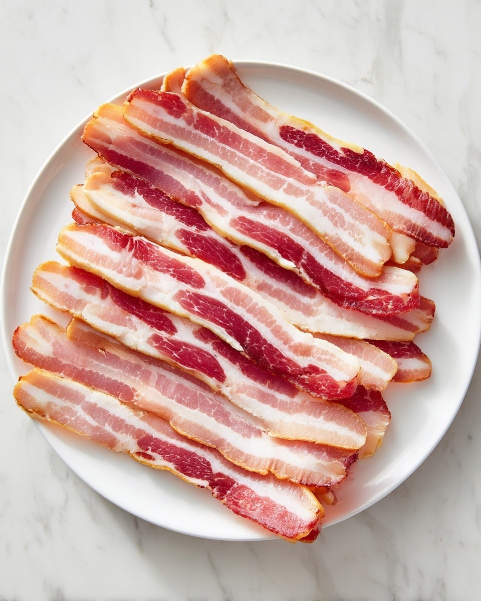 A white plate holds a neat stack of approximately 14 thin bacon slices arranged in a slightly fanned out manner. Each slice shows bands of pinkish-red meat with creamy white fat running along the edges and inside. The bacon layers overlap evenly, creating texture with visible marbling and slight folds. The plate sits on a white marbled surface, adding subtle veins of gray and light shadows around the edges. The overall look is clean and simple, highlighting the raw bacon’s fresh colors and details. photo taken with an iphone --ar 4:5 --v 7
