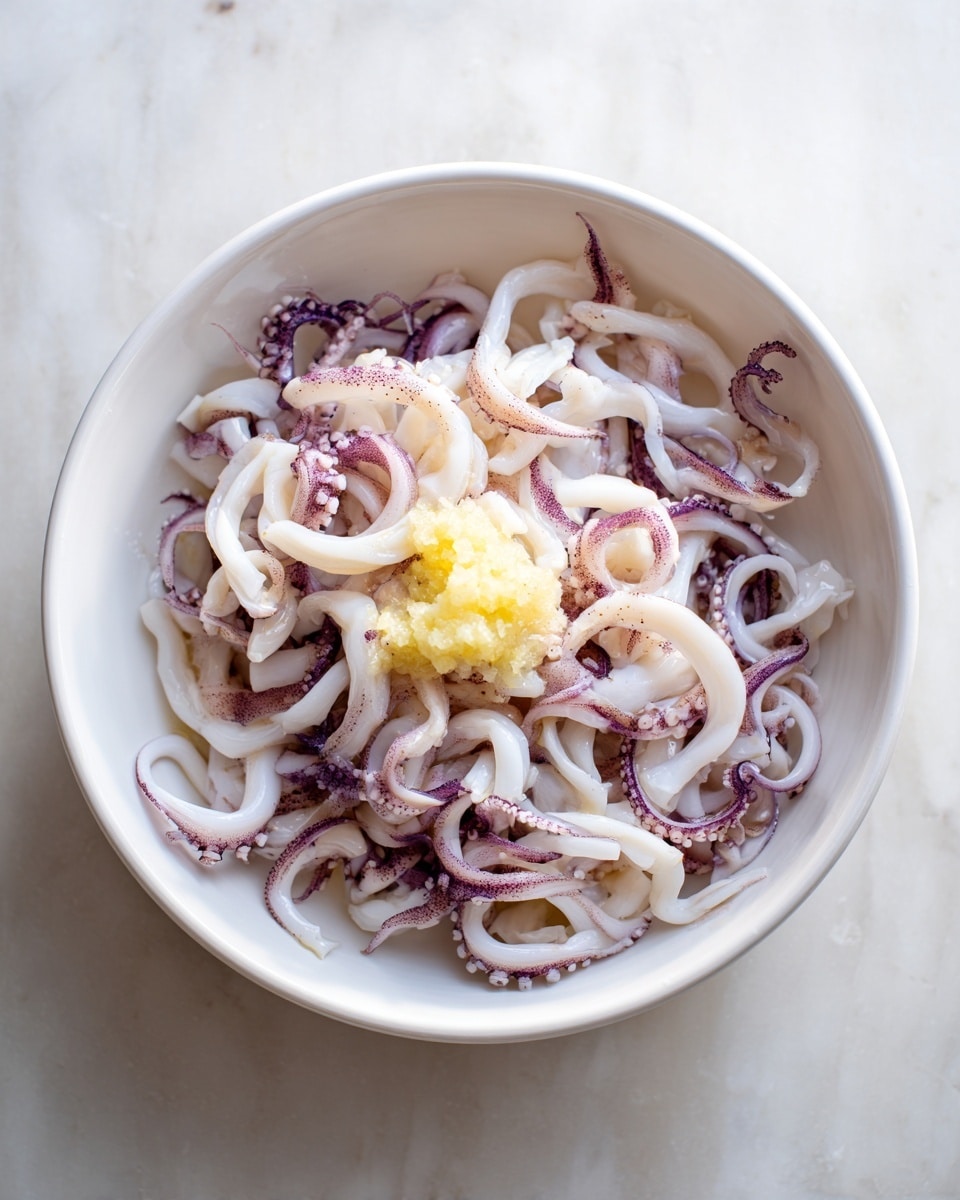 A white round bowl sits on a white marbled surface. Inside the bowl is a dish made of many curled, thin strips of raw squid, showing light purple and white tones with some darker spots. On top of the squid, in the center, there is a small dollop of finely mashed pale yellow ginger. The squid strips are spread evenly and fill the bowl, giving a wet, shiny look. photo taken with an iphone --ar 4:5 --v 7