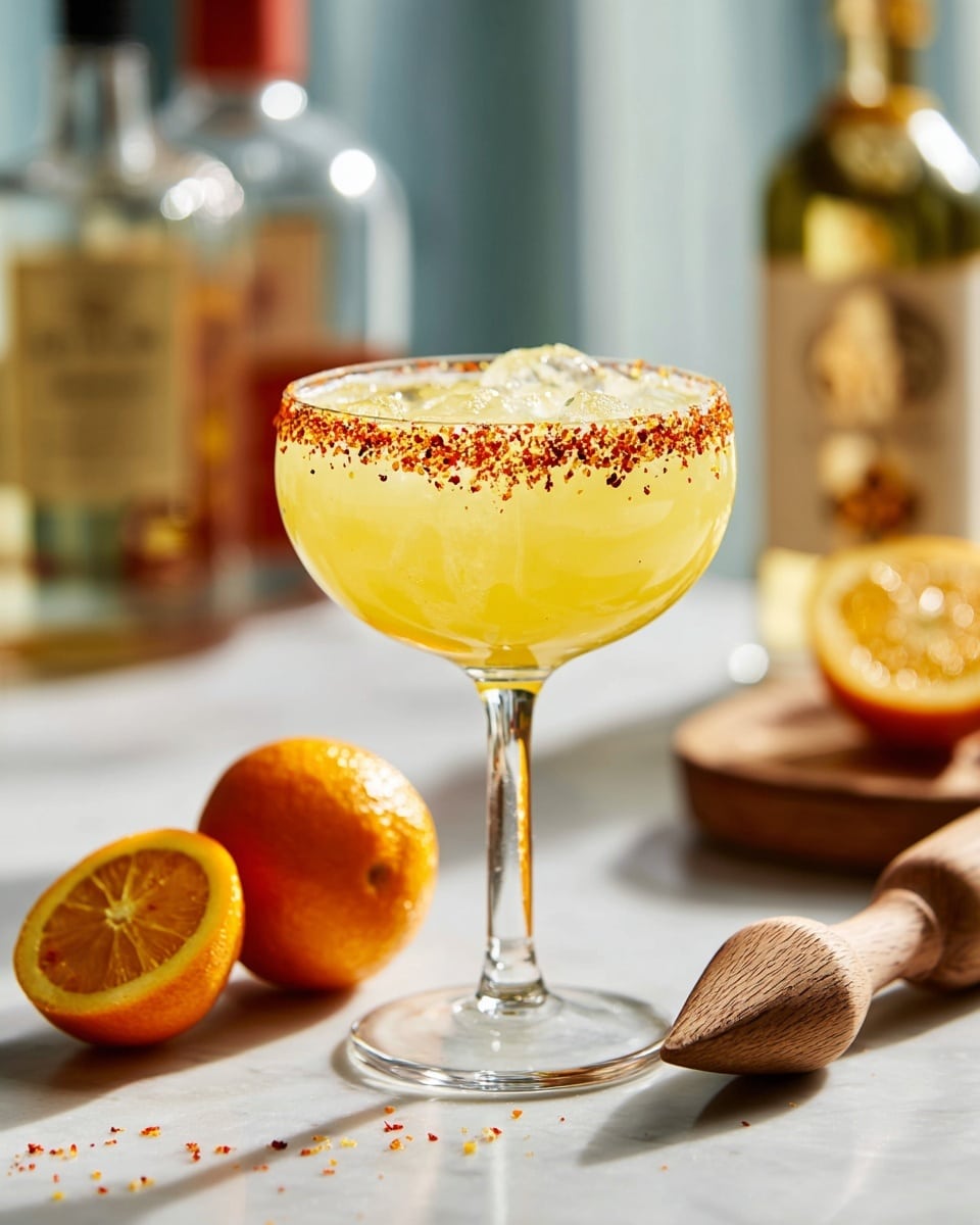A clear margarita glass with a wide bowl and thin stem is filled with a bright yellow iced drink. The rim of the glass is coated with a thin layer of reddish spice. In front of the glass on a white marbled surface, there are two small orange citrus fruits, one whole and one sliced open showing its juicy segments. Next to the fruits is a wooden citrus reamer with a pointed, grooved head. In the blurred background, there are two bottles of alcohol with labels and caps visible. photo taken with an iphone --ar 4:5 --v 7