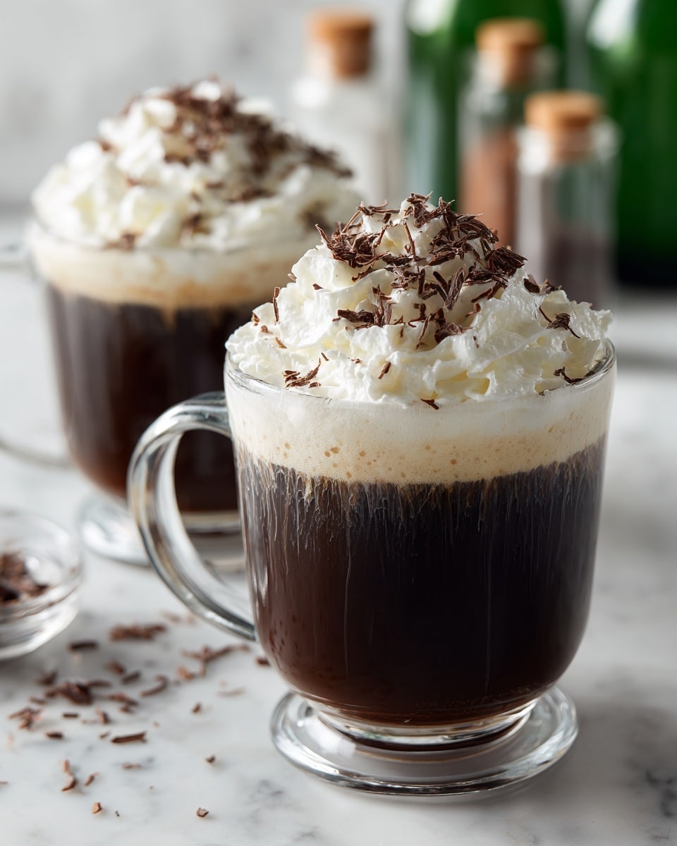 Two clear glass mugs of dark coffee with three layers each are shown. The bottom layer is deep, dark brown coffee filling most of the mug. The middle layer is a thick, light cream layer crowning the coffee, topped with a white whipped cream layer. The top whipped cream is decorated with small, thin dark chocolate shavings. The mugs sit on a white marbled surface, with blurred green bottles and small containers in the background. Photo taken with an iphone --ar 4:5 --v 7