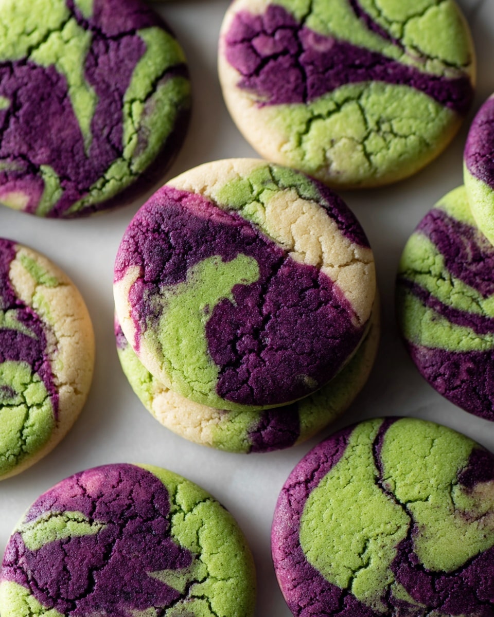 Round cookies are laid flat on a white marbled surface in a close, overlapping pattern. Each cookie has two main colors, a deep purple and a bright green, swirling together in an uneven, cracked texture that looks soft and slightly crumbly. The purple and green mix randomly across each cookie, giving a marbled effect with no exact pattern repeated. The cookies are thin and smooth around the edges, showing a subtle voice of light and shadow. photo taken with an iphone --ar 4:5 --v 7