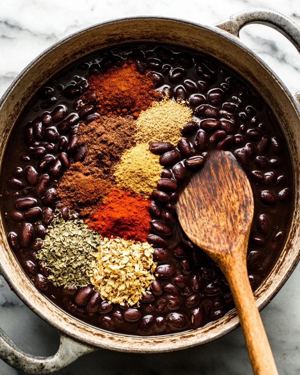 The image shows a close-up of a large pot filled with dark brown beans swirling in a dark liquid broth. On top of the beans, there are several piles of dry spices in varying colors: light brown, reddish-orange, golden, and greenish herbal flakes, arranged in a row across the surface. A wooden spoon with a worn, rounded edge is stirring the beans and spices from the right side. The pot has a well-used, slightly rough grey edge. The background is a white marbled texture. Photo taken with an iphone --ar 4:5 --v 7