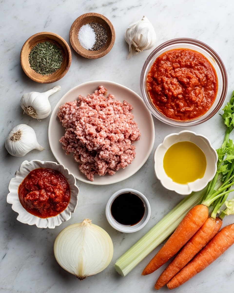 The image shows a white round plate in the bottom left with two kinds of ground meat stacked side by side, one pink and one darker brown. Above the plate are small white and wooden bowls holding green dried herbs, black pepper, and coarse salt. Near the center top is a clear glass bowl filled with chunky red tomato sauce. Below it is a white scalloped bowl with yellow olive oil. Below that is a small white scalloped bowl with thick red paste. Next to it is a small black bowl with a dark liquid. On the right side, there are three orange carrots with green tops, a white onion, a whole white garlic bulb, and a celery stalk with green leaves. All items are placed on a white marbled surface photo taken with an iphone --ar 4:5 --v 7