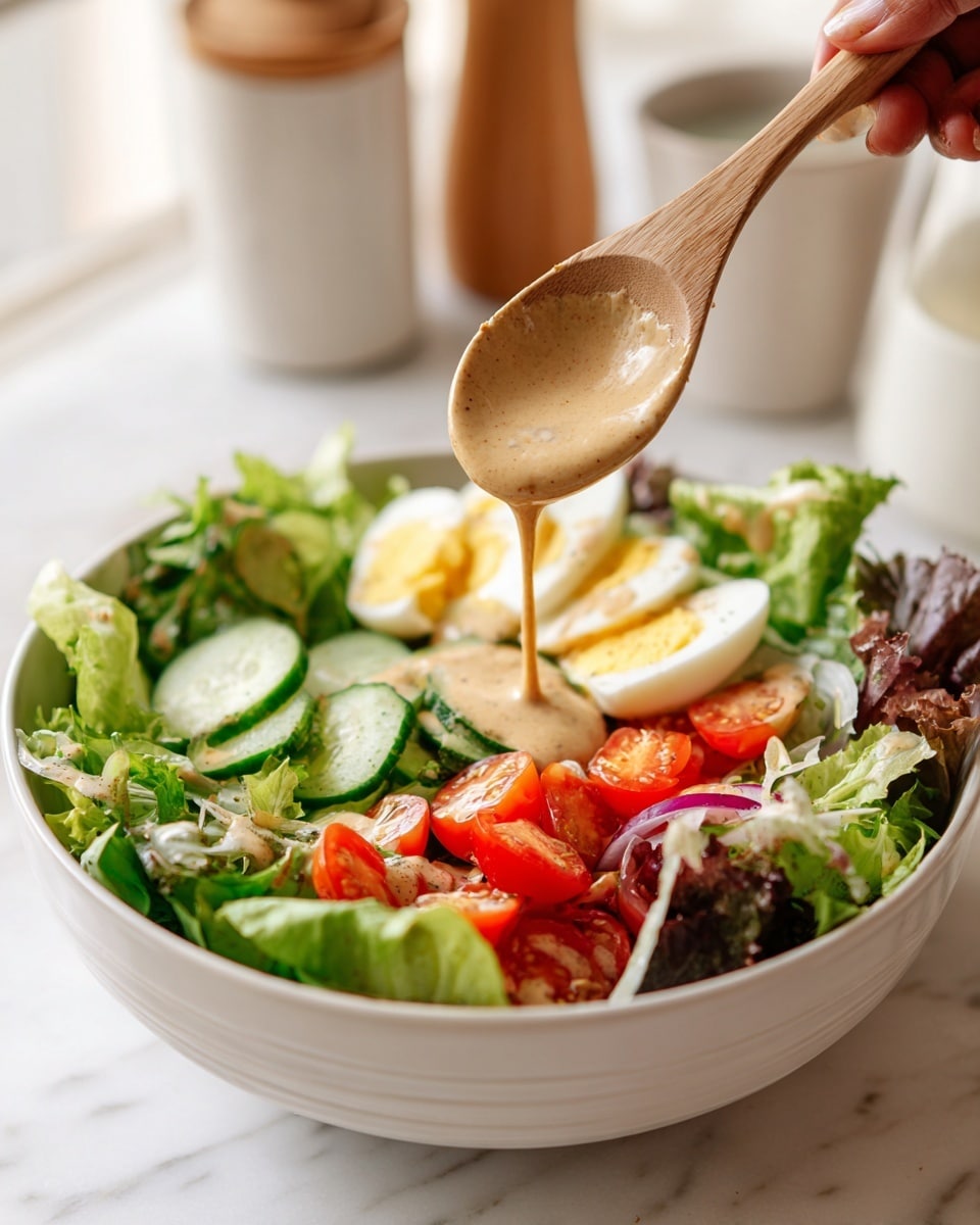 A white bowl filled with a fresh salad that has three layers: the bottom layer is green and red lettuce leaves with a soft texture, the middle layer includes bright green cucumber slices cut thick and halved cherry tomatoes in red, and the top layer shows quartered boiled egg pieces with light yellow yolk and white surrounding; a creamy, light brown dressing is drizzled on the salad, with a woman's hand holding a light wooden spoon mid-action scooping some dressing over the salad, all placed on a white marbled surface with blurred light brown and white containers in the background photo taken with an iphone --ar 4:5 --v 7