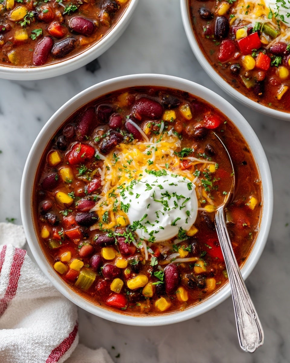 A white bowl filled with a colorful bean soup is shown on a white marbled surface. The soup has three main layers: a dark red broth base filled with black beans, red kidney beans, and pinto beans; scattered yellow corn and small pieces of red and green bell peppers throughout; and a topping layer with melted shredded cheese, a dollop of white sour cream in the center, and finely chopped green herbs sprinkled on top. A silver spoon rests inside the bowl, with its handle leaning on the bowl’s edge. Another bowl with similar soup is partially visible in the top left corner, and a white cloth with a red stripe is placed in the top right corner. Photo taken with an iphone --ar 4:5 --v 7
