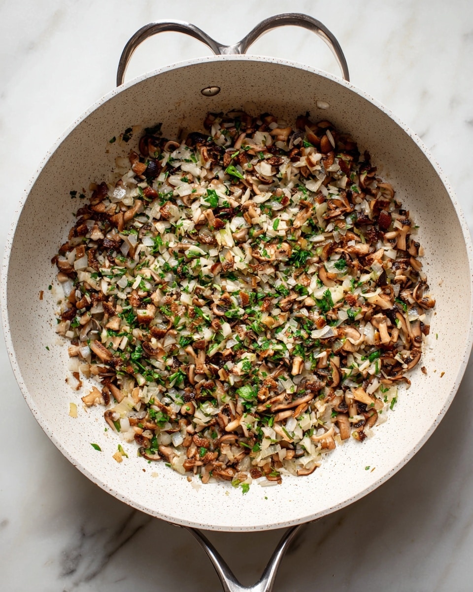 The image shows a close-up top view of a white cooking pan filled with finely chopped and cooked ingredients spread mostly evenly across the bottom. The mixture includes small pieces of browned mushrooms and translucent sautéed onions, with hints of green herbs scattered throughout. The pan has a slightly speckled texture inside, and two shiny metal handles are visible on opposite sides. The background is a white marbled surface, adding a clean and fresh look to the scene. photo taken with an iphone --ar 4:5 --v 7