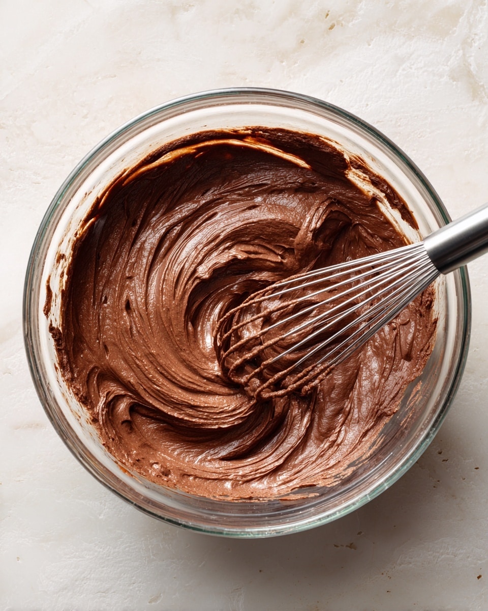 A large clear glass bowl filled with thick, smooth chocolate batter that has a rich brown color and creamy texture; the batter appears fluffy with swirls and ridges from stirring. A shiny metal whisk rests partially in the batter on the right side of the bowl, showing some batter clinging to the wires. The bowl is placed on a white marbled surface with soft natural light highlighting the texture of the chocolate batter photo taken with an iphone --ar 4:5 --v 7